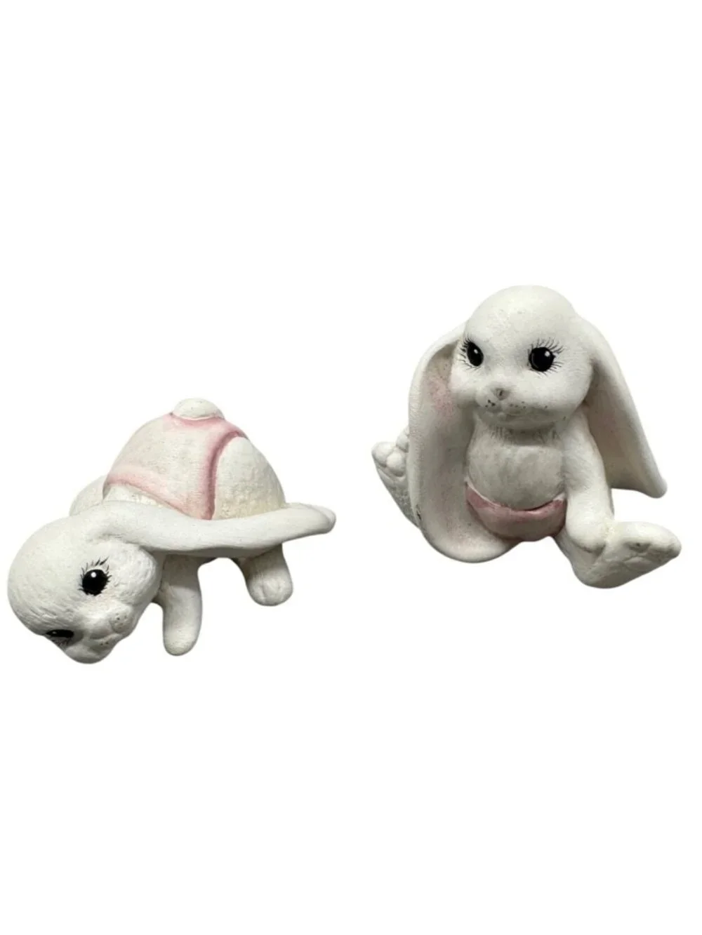 Vintage Ceramic Lop Eared Tumbling Bunny Figurines Delicate Pink Accents READ